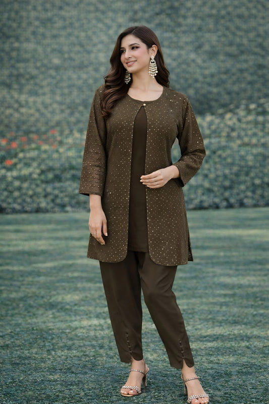 Graceful Dark Olive Green Embroidered Georgette Kurti Pant Set with Jacket