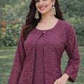 Stylish Purple Embroidered Georgette Kurti Pant Set with Jacket