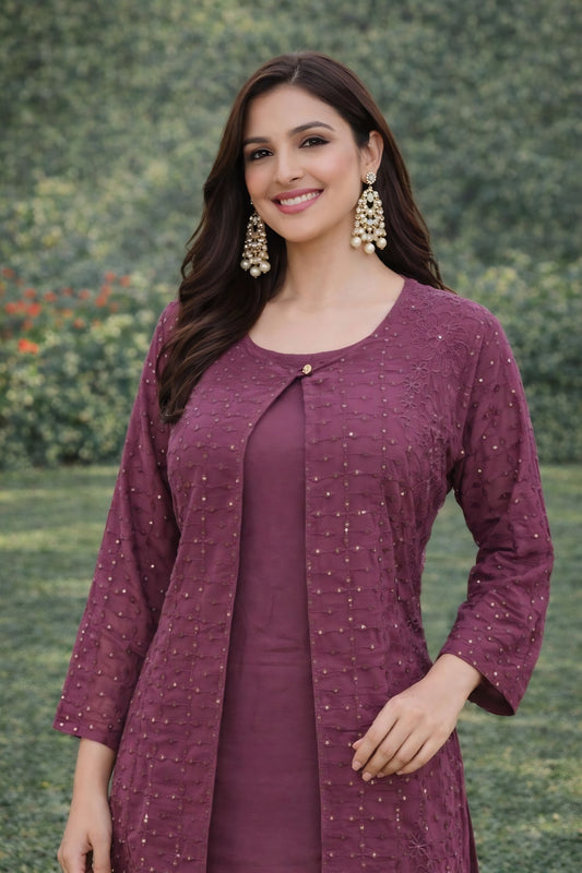Stylish Purple Embroidered Georgette Kurti Pant Set with Jacket
