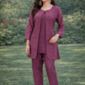 Stylish Purple Embroidered Georgette Kurti Pant Set with Jacket