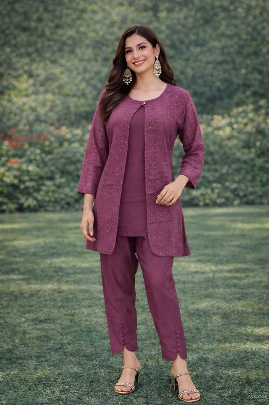 Stylish Purple Embroidered Georgette Kurti Pant Set with Jacket