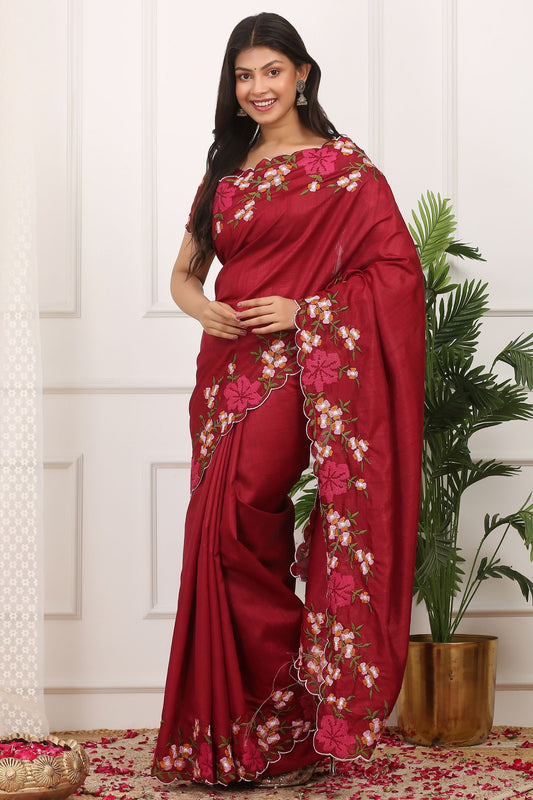 Red Silk Saree with Floral Embroidery Border Designer Blouse