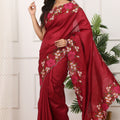 Red Silk Saree with Floral Embroidery Border Designer Blouse