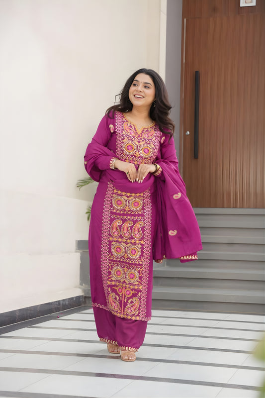 Stylish Magenta Chinon Embroidered Readymade Salwar Suit with Dupatta for Women