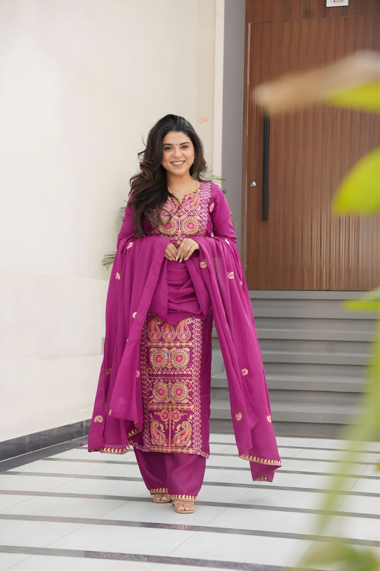 Stylish Magenta Chinon Embroidered Readymade Salwar Suit with Dupatta for Women