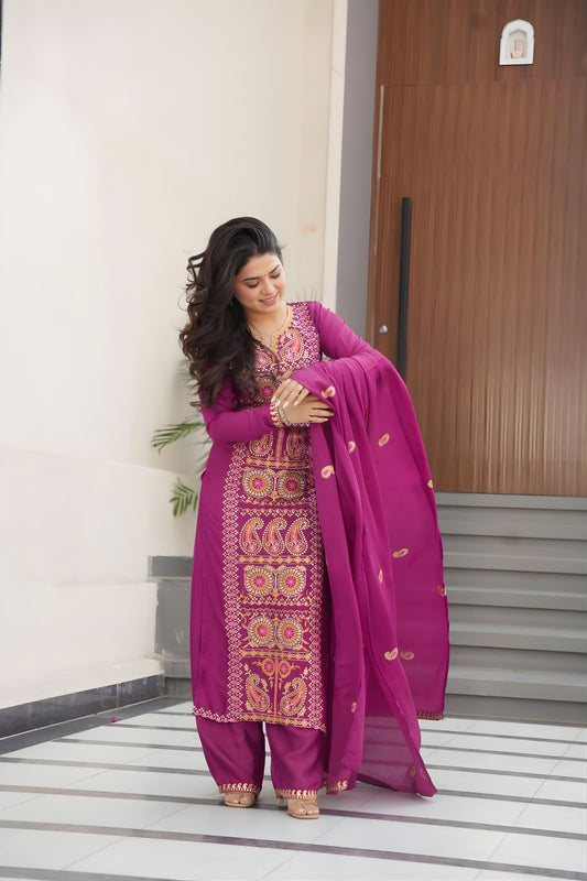 Stylish Magenta Chinon Embroidered Readymade Salwar Suit with Dupatta for Women