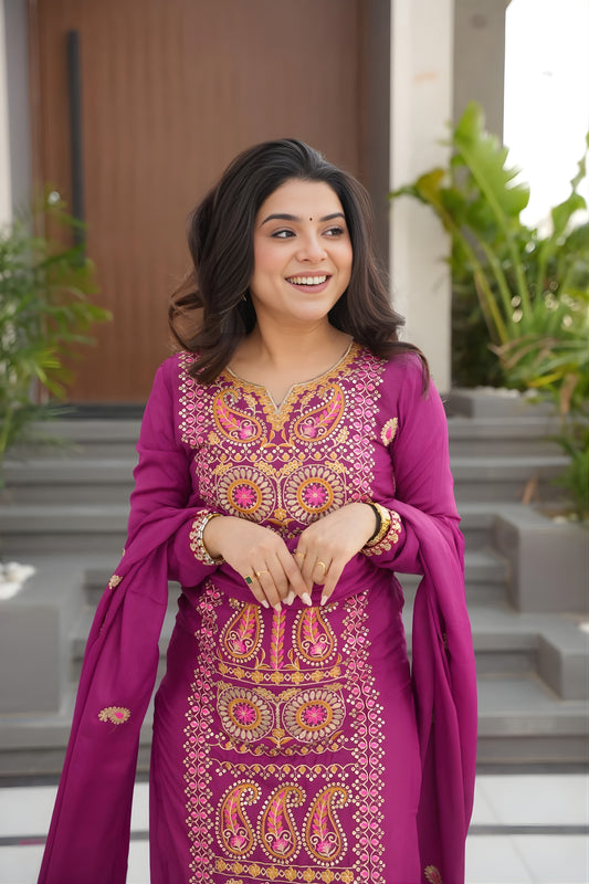 Stylish Magenta Chinon Embroidered Readymade Salwar Suit with Dupatta for Women