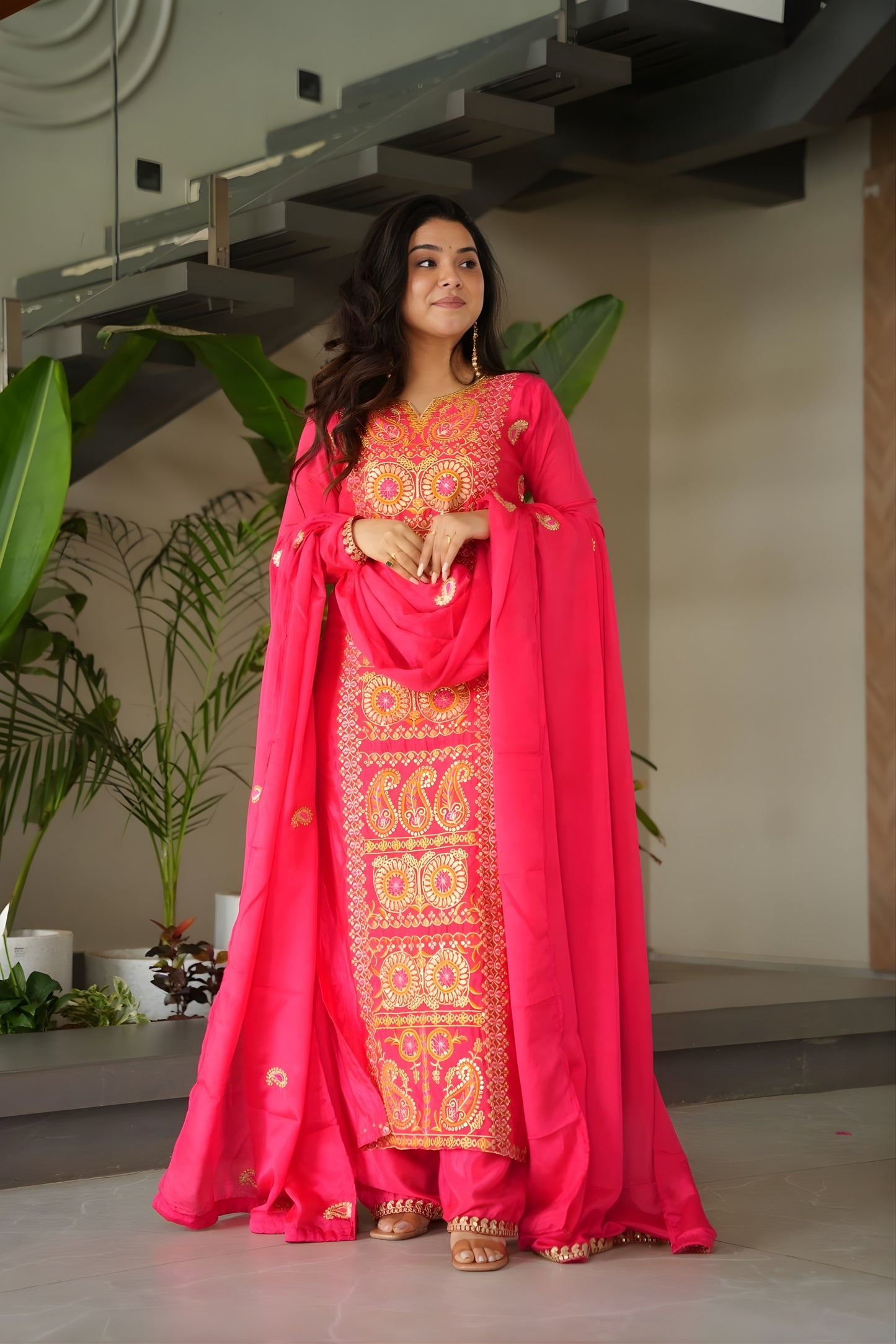 Elegant Rani Pink Chinon Embroidered Readymade Salwar Suit with Dupatta for Women