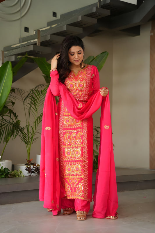 Elegant Rani Pink Chinon Embroidered Readymade Salwar Suit with Dupatta for Women
