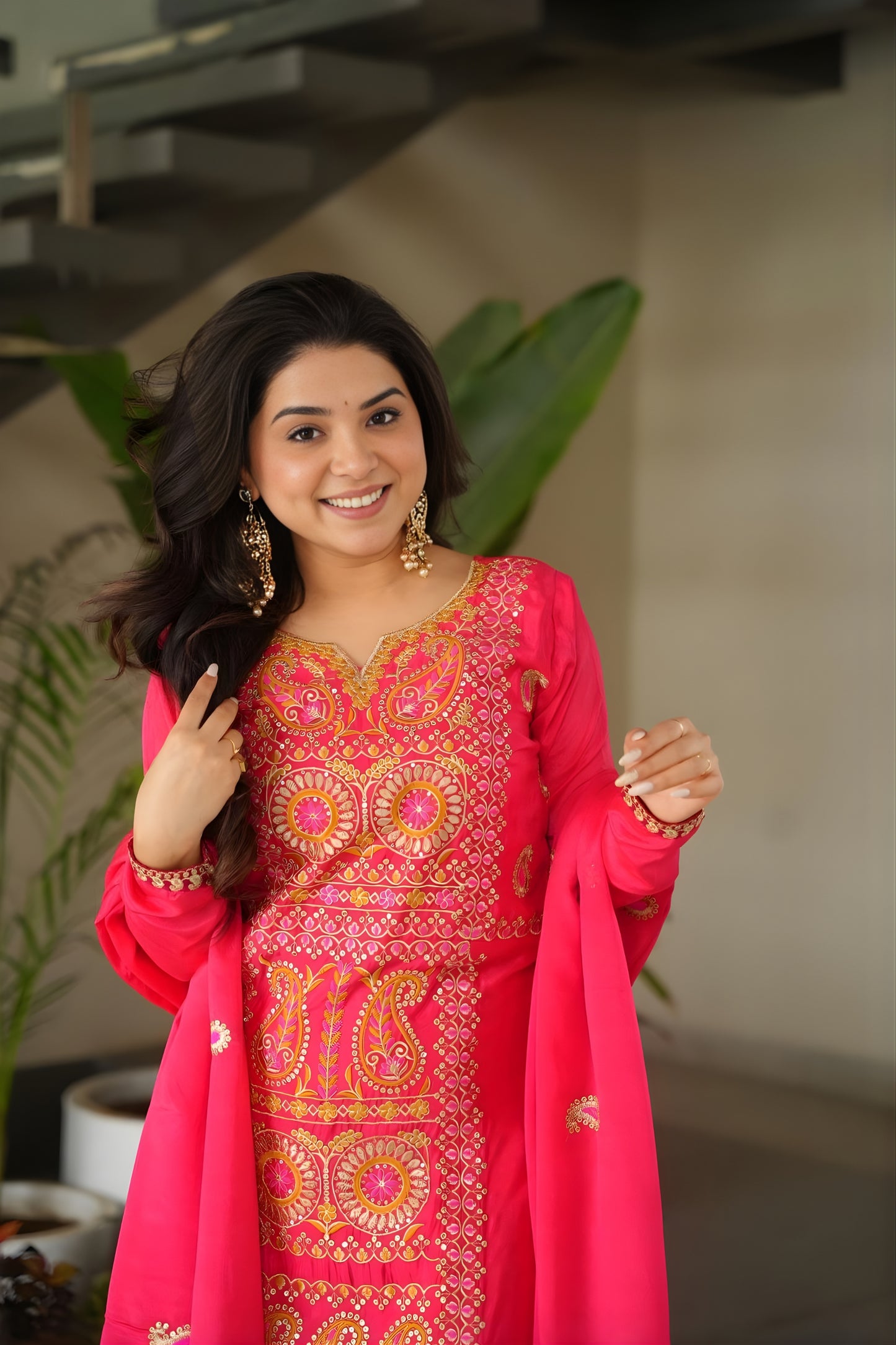 Elegant Rani Pink Chinon Embroidered Readymade Salwar Suit with Dupatta for Women