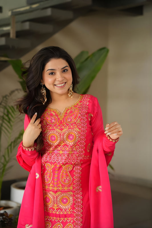 Elegant Rani Pink Chinon Embroidered Readymade Salwar Suit with Dupatta for Women
