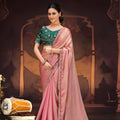 Pastel Pink Silk Saree Embroidered Border Green Designer Blouse