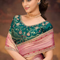 Pastel Pink Silk Saree Embroidered Border Green Designer Blouse