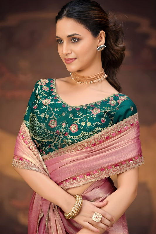Pastel Pink Silk Saree Embroidered Border Green Designer Blouse