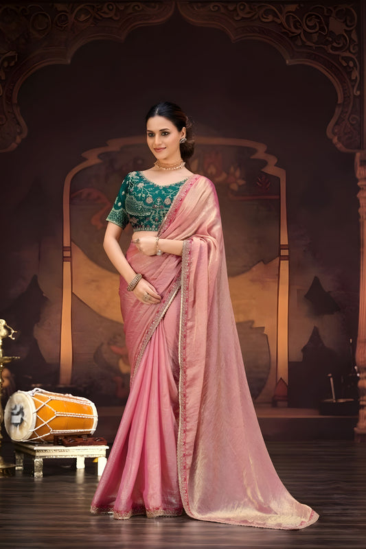 Pastel Pink Silk Saree Embroidered Border Green Designer Blouse