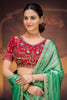 Sea Green Shimmer Silk Saree Embroidered Border Red Designer Blouse