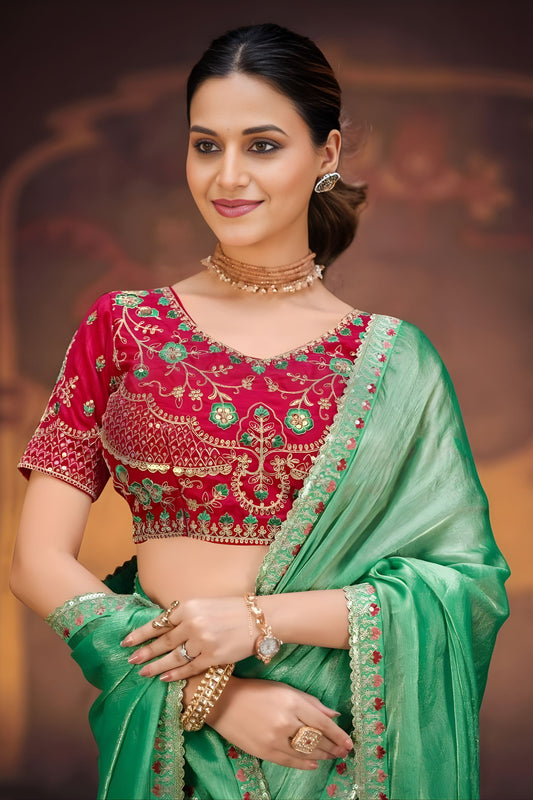 Sea Green Shimmer Silk Saree Embroidered Border Red Designer Blouse