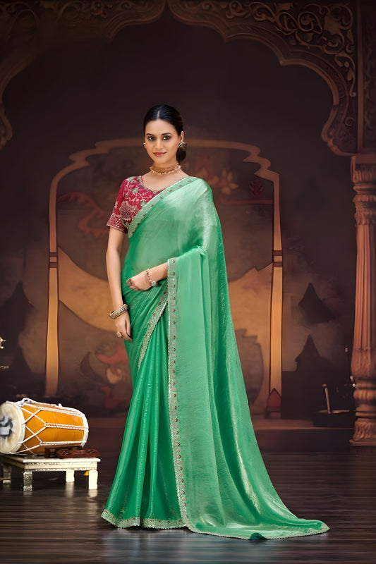 Sea Green Shimmer Silk Saree Embroidered Border Red Designer Blouse 