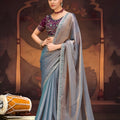 Blue Shimmer Silk Saree Teal Embroidered Border Purple Blouse 