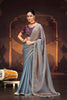 Blue Shimmer Silk Saree Teal Embroidered Border Purple Blouse 