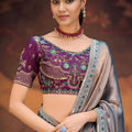 Blue Shimmer Silk Saree Teal Embroidered Border Purple Blouse