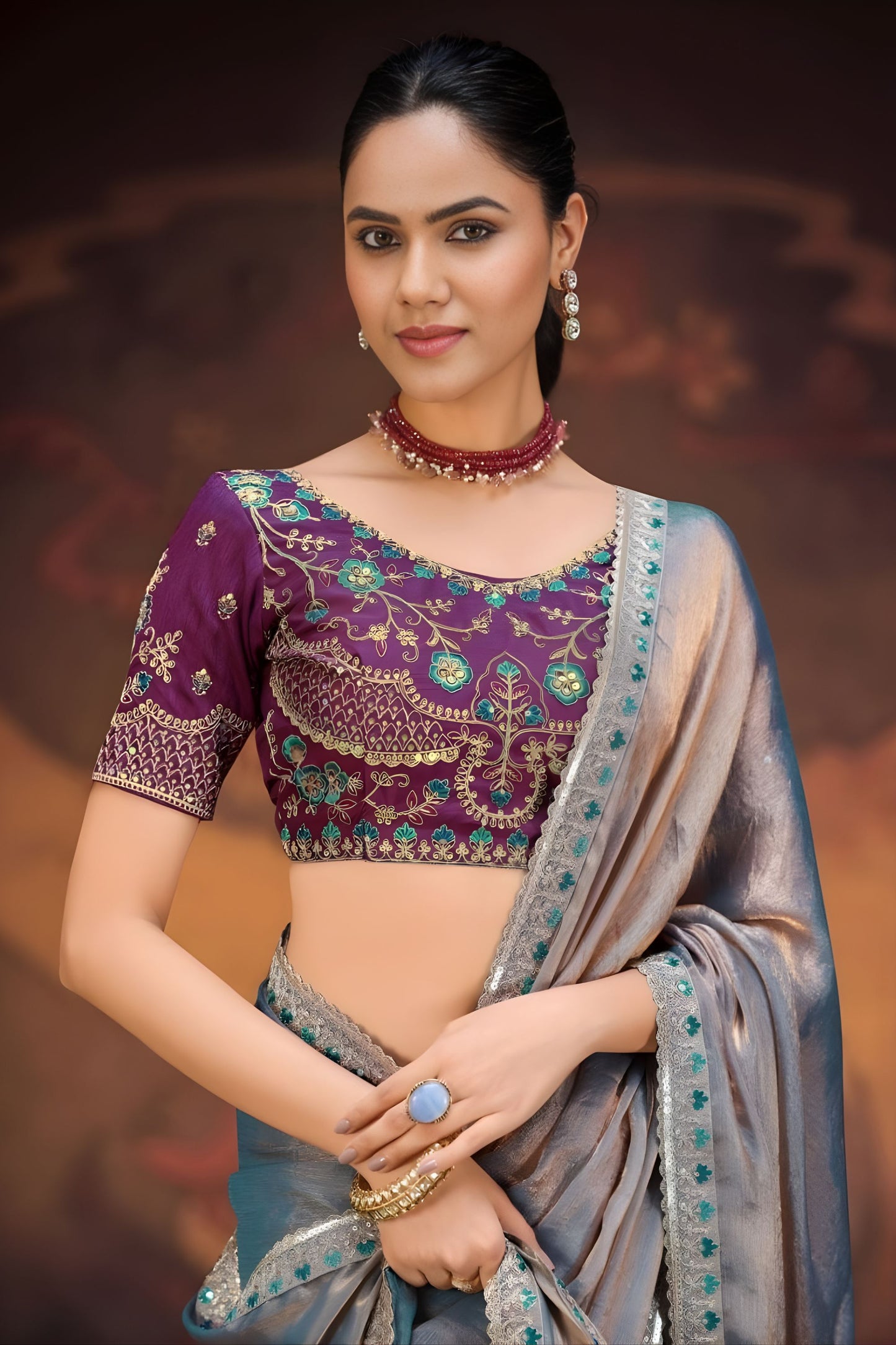 Blue Shimmer Silk Saree Teal Embroidered Border Purple Blouse