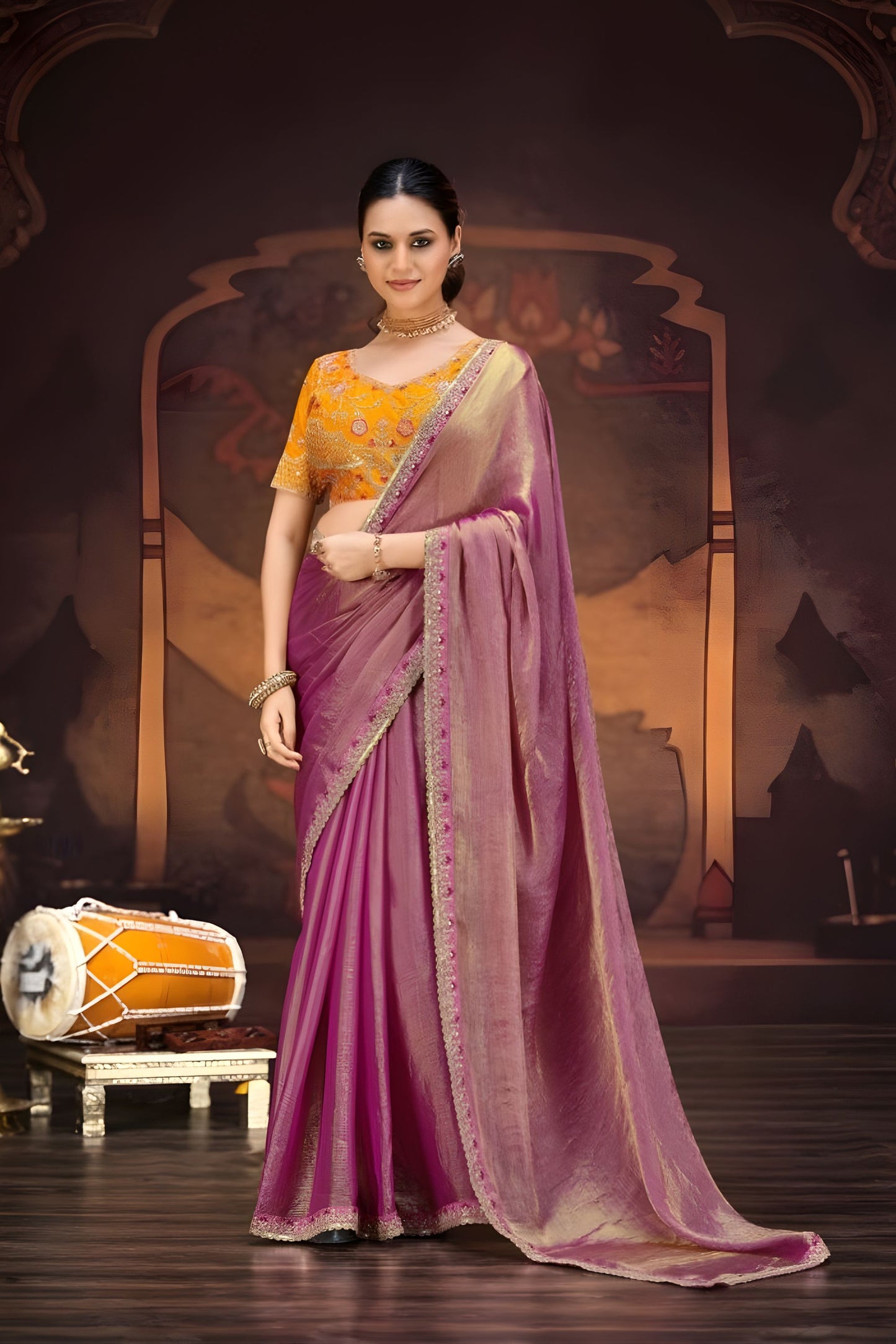 Purple Organza Silk Saree with Gold Border Designer Blouse