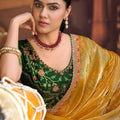 Mustard Yellow Organza Silk Saree Embellished Border Green Blouse