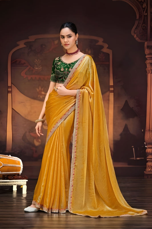 Mustard Yellow Organza Silk Saree Embellished Border Green Blouse