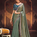 Sage Green Organza Silk Saree Embellished Border Teal Blue Blouse 