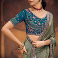 Sage Green Organza Silk Saree Embellished Border Teal Blue Blouse