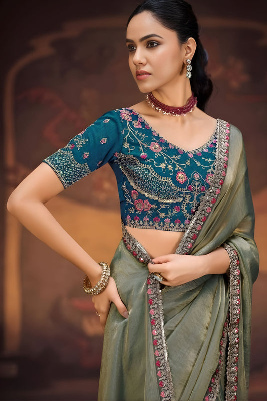 Sage Green Organza Silk Saree Embellished Border Teal Blue Blouse