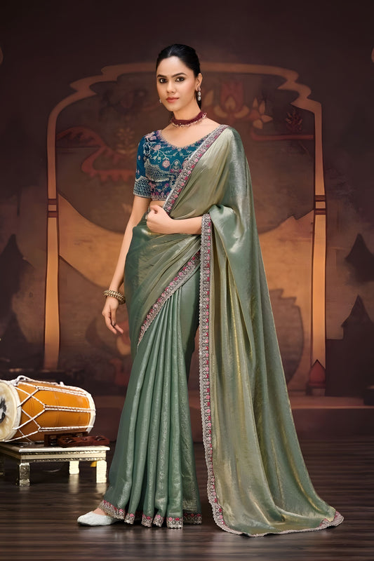 Sage Green Organza Silk Saree Embellished Border Teal Blue Blouse 