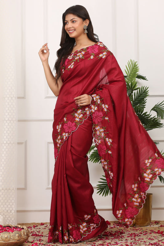 Red Silk Saree with Floral Embroidery Border Designer Blouse