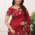Red Silk Saree with Floral Embroidery Border Designer Blouse