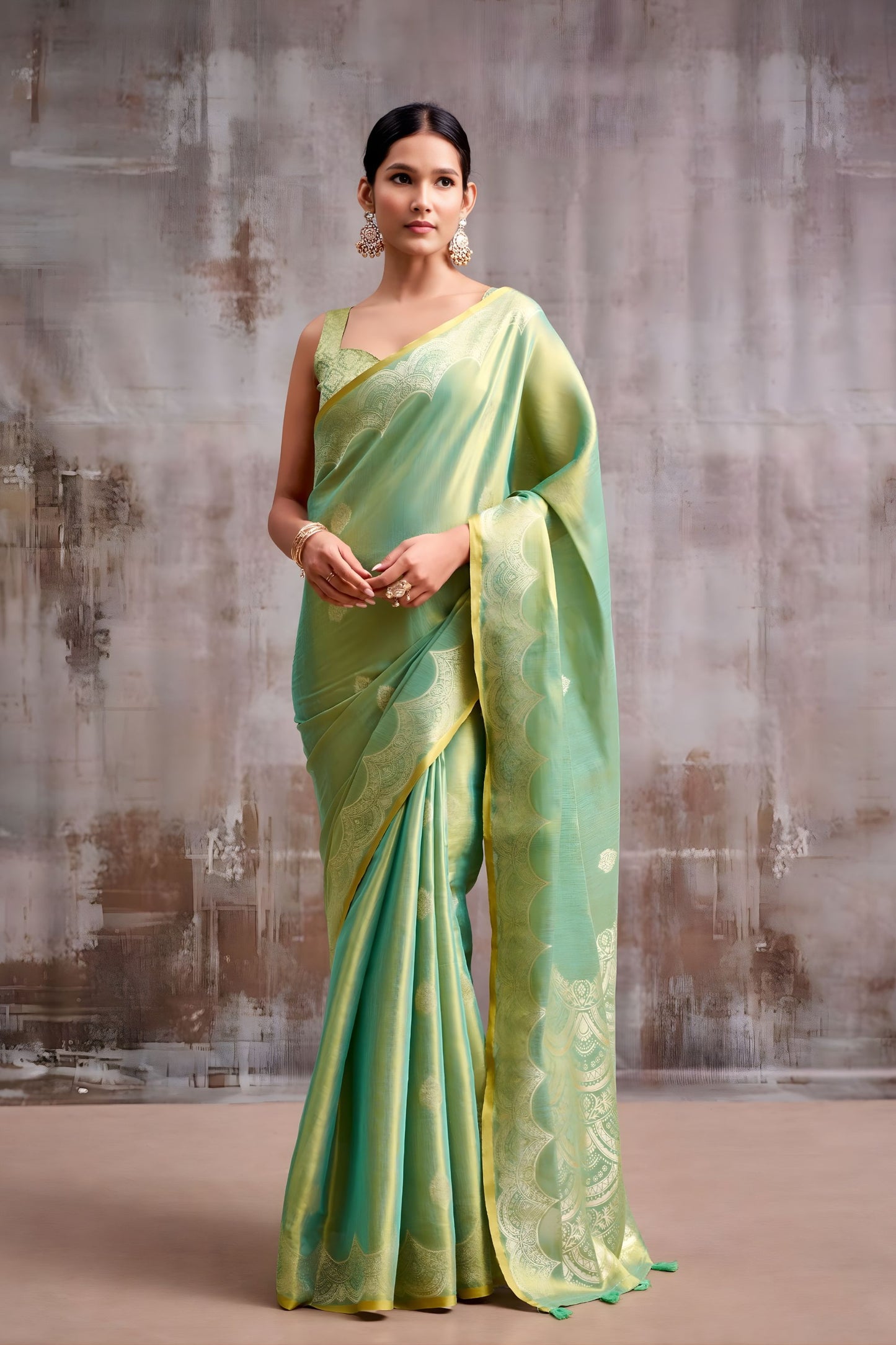 Graceful Pista Green Tissue Silk Zari Work Saree for Wedding