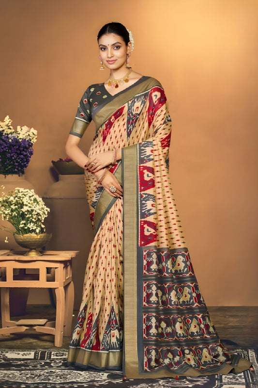 Elegant Cream Soft Silk Saree with Rich Zari Woven Border for Women