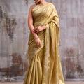 Stylish Mustard Yellow Tissue Silk Zari Work Saree for Wedding