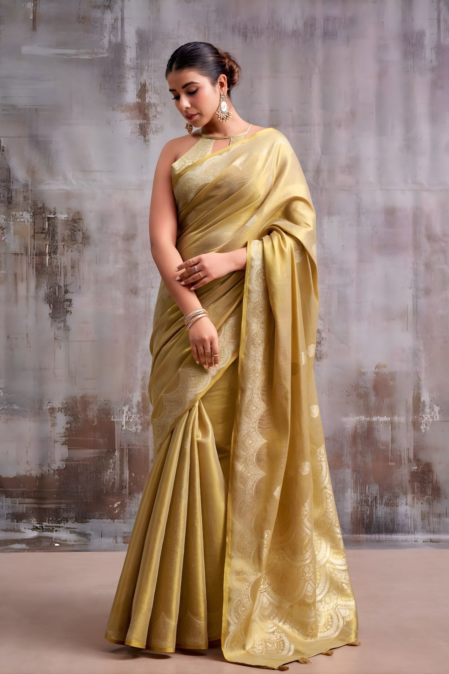 Stylish Mustard Yellow Tissue Silk Zari Work Saree for Wedding