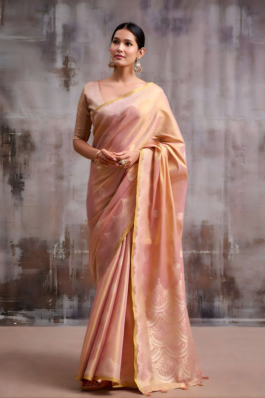 Premium Peach Tissue Silk Zari Work Saree for Wedding