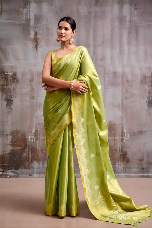 Royal Olive Green Tissue Silk Zari Work Saree for Wedding