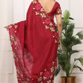 Red Silk Saree with Floral Embroidery Border Designer Blouse