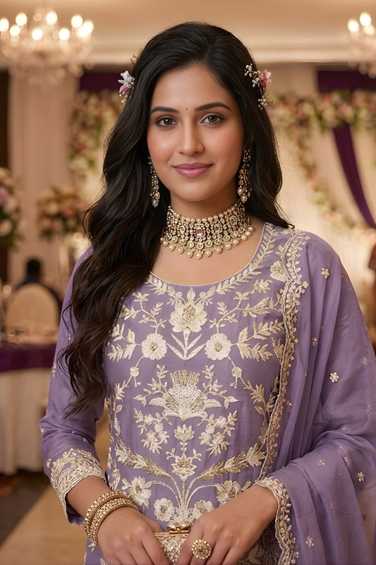 Luxury Lavender Organza Embroidered Palazzo Suit with Designer Dupatta for Wedding Wear