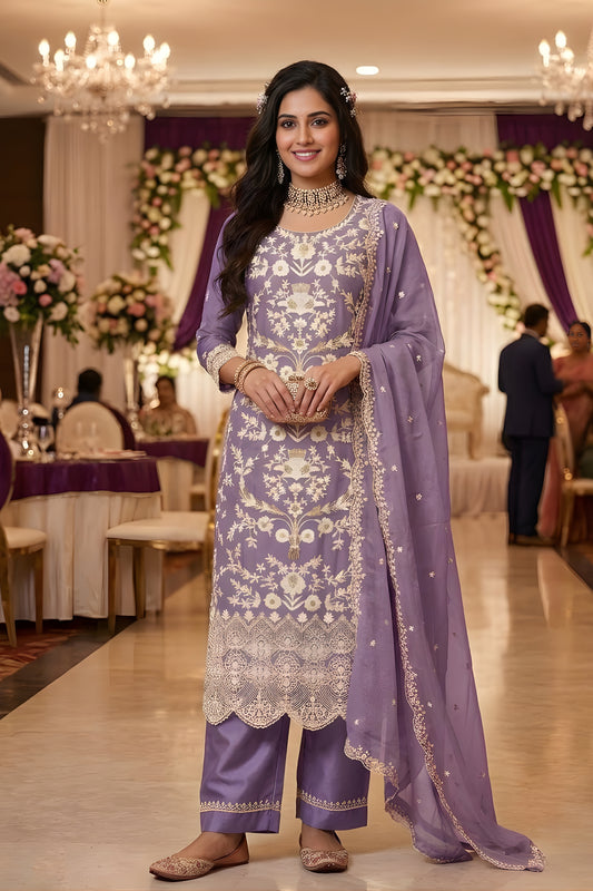 Luxury Lavender Organza Embroidered Palazzo Suit with Designer Dupatta for Wedding Wear