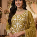 Stylish Olive Green Organza Embroidered Palazzo Suit with Designer Dupatta for Wedding Wear