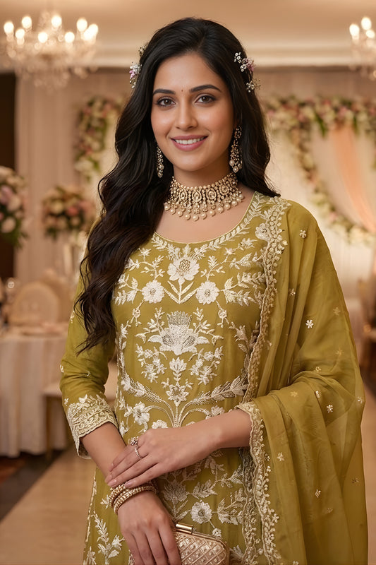 Stylish Olive Green Organza Embroidered Palazzo Suit with Designer Dupatta for Wedding Wear