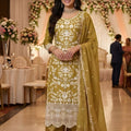 Stylish Olive Green Organza Embroidered Palazzo Suit with Designer Dupatta for Wedding Wear