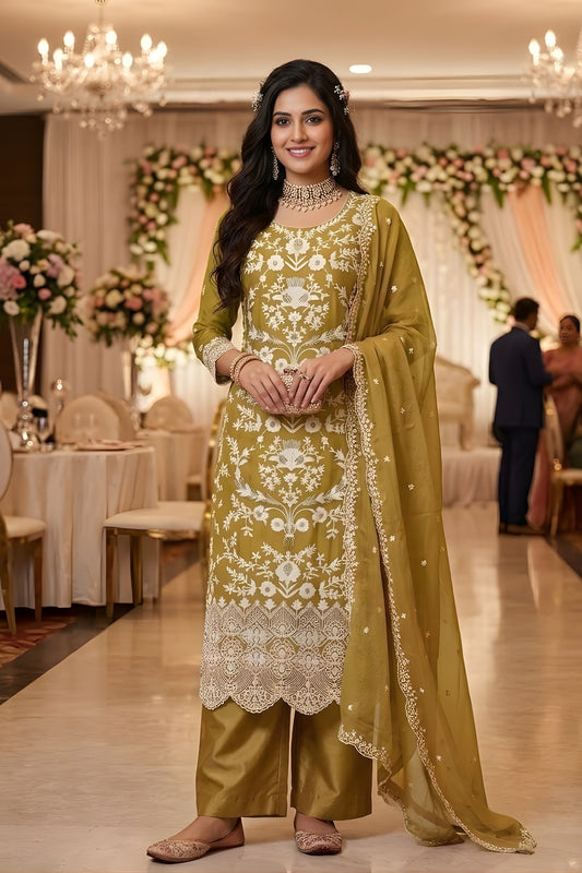 Stylish Olive Green Organza Embroidered Palazzo Suit with Designer Dupatta for Wedding Wear