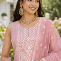 Elegant Pink Chinon Silk Embroidered Designer Palazzo Suit with Dupatta for Wedding