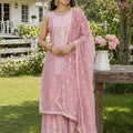Elegant Pink Chinon Silk Embroidered Designer Palazzo Suit with Dupatta for Wedding